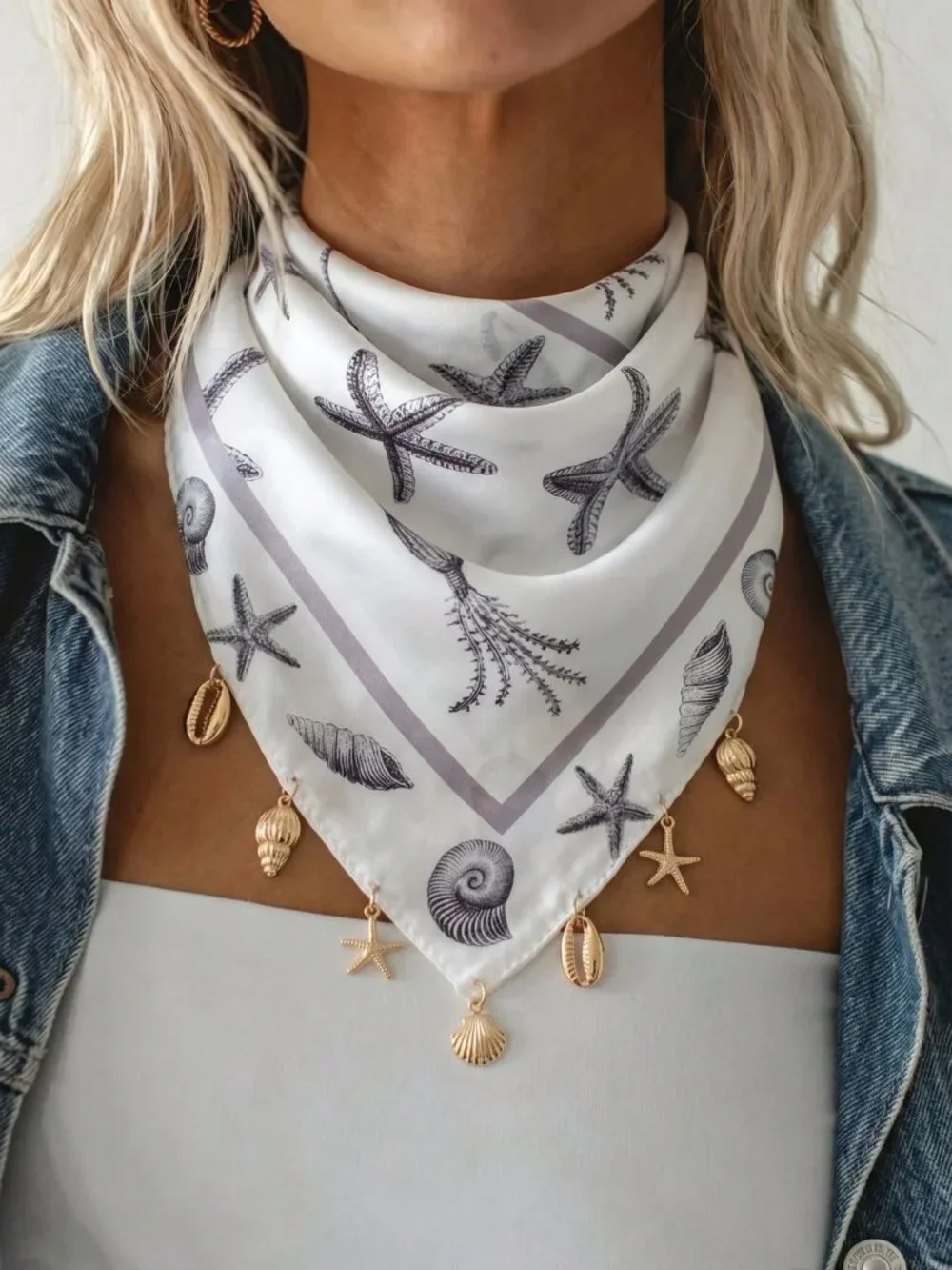 🤍 Ocean Starfish Seashell Charm Bandana Headscarf 🐚⭐ Coastal Scarf